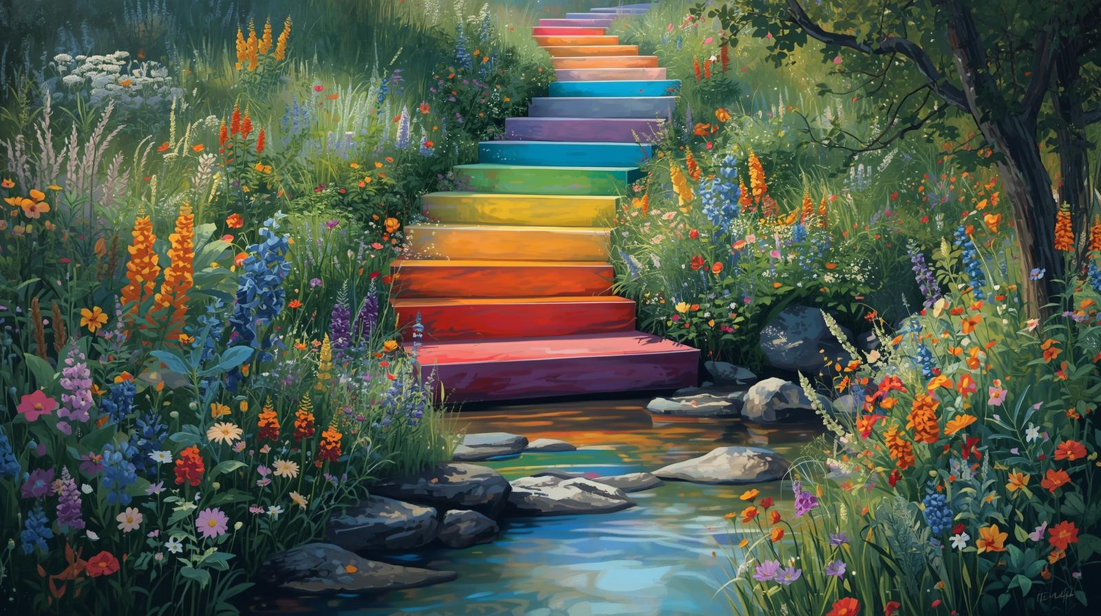 Regenbogentreppe mit einer bunten blumenwiese und Bach 1