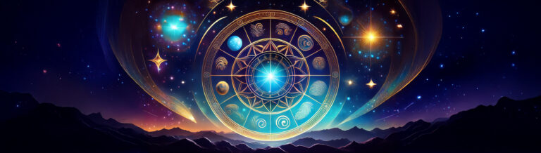 Horoskopscheibe mit leuchtend türkisfarbenen und goldenen Symbolen an einem dunkelblauen und goldenen Nachthimmel.