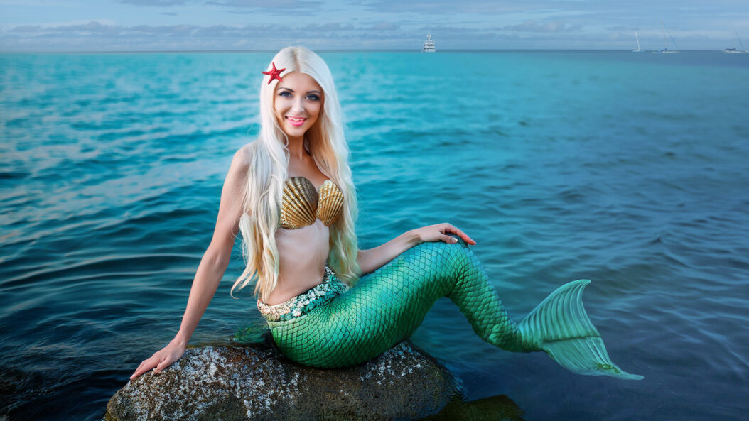 0a mermaid garment sitting on a rock in the water