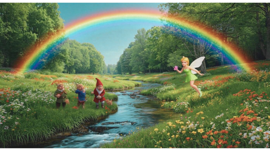 Regenbogenwiese mit Regenbogen Zwergen Elfen