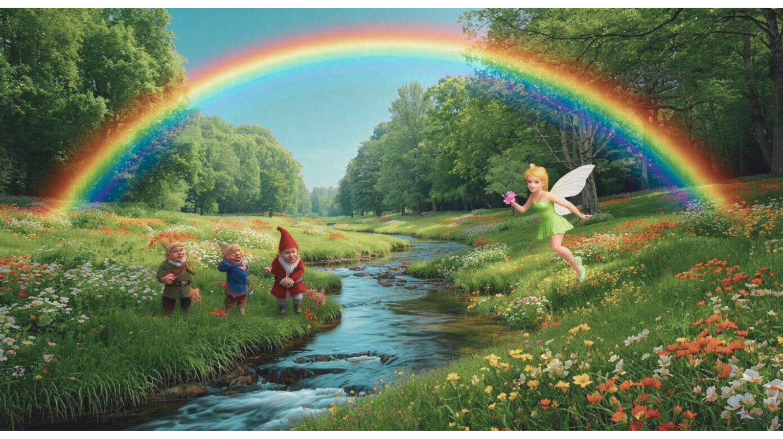 Regenbogenwiese mit Regenbogen Zwergen Elfen